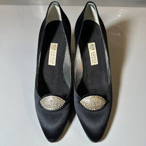Gucci Authentic Vintage Silver Gem Silky Smooth Black Heel Pumps Shoes Size 36